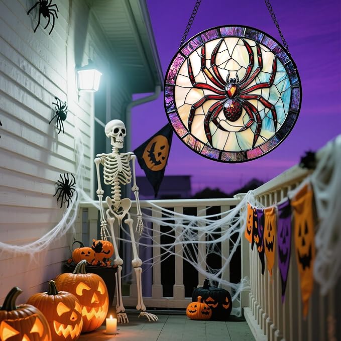 Stained Glass Window Hanging - Halloween Decorations Red Spider Goth Suncatcher for Doors Garden Indoor Funny Spooky Sun Catchers Gothic Decor Horror Gifts for Women Men Friend 7.8 in