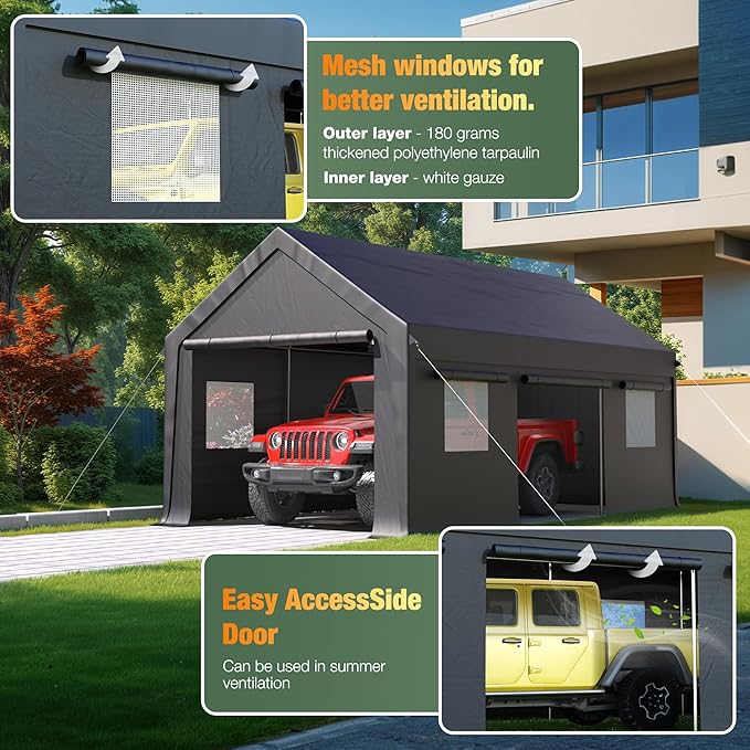 Polar Aurora Carport, 12x20 FT Heavy Duty Carport with Side-Opening Door & Roll-Up Windows, Car Port Canopy, Outdoor Portable Garage for Car, Truck, Boat, Motorcycle