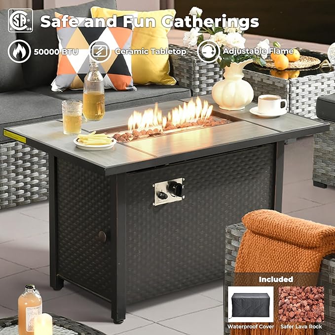 ovios 7 Pieces Patio Furniture Set, Outdoor Wicker Sectional Sofa with 42 Inch Fire Pit Table Comfy Cushions, Modern Modular Deep Seat Rattan Couch Conversation Set, Black