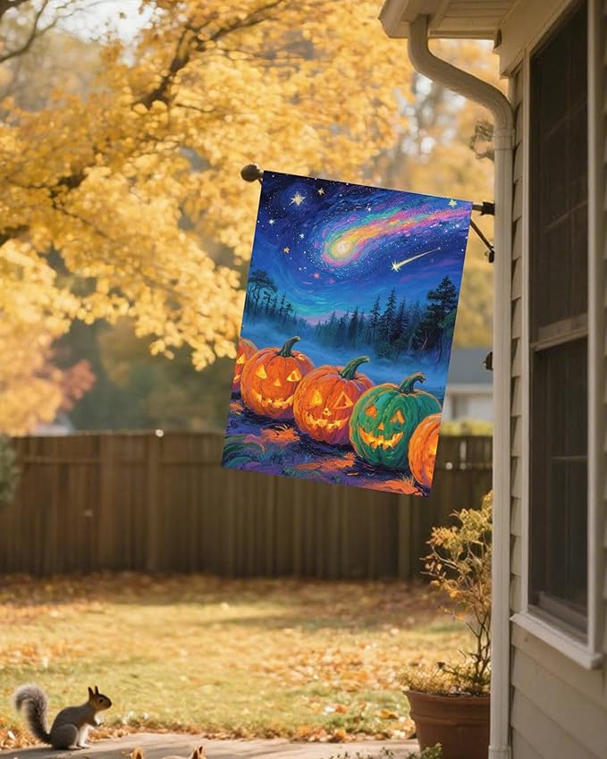 Halloween Jack O Lantern Pumpkins Starry Night Forest Holiday House Flag 28" x 40" Double Sided Polyester Welcome Large Yard Garden Flag Banners for Patio Lawn Home Outdoor Decor