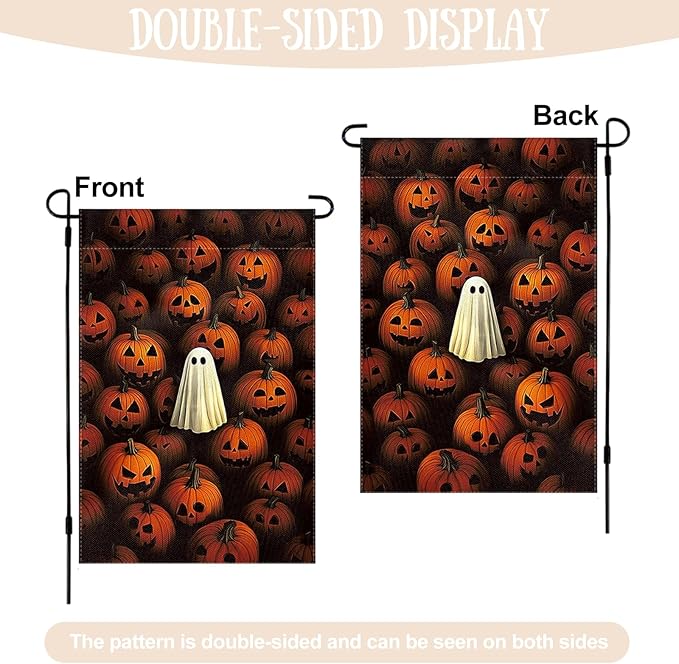 Halloween Garden Flag 12 x 18 Inch Double Sided Ghost Pumpkin Designs Fall Autumn Burlap Yard Flag for Outside Rustic Yard Outdoor Holiday Home Decoration