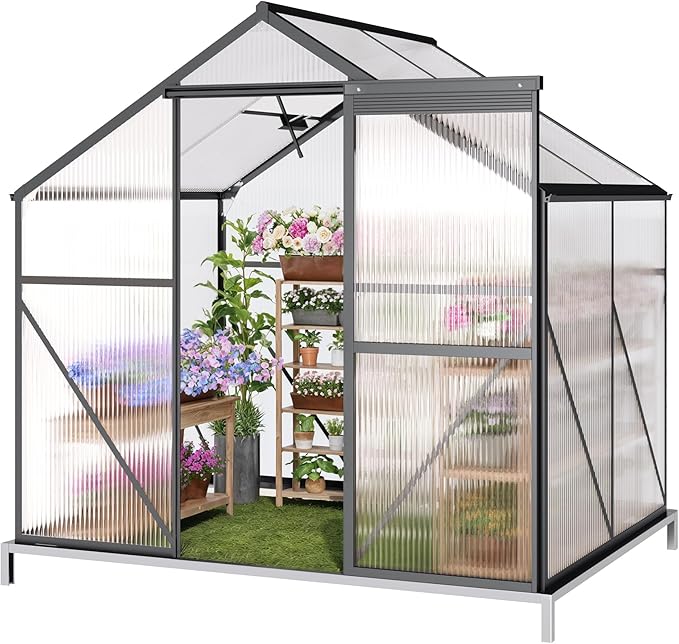 Gizoon 6x4 FT Outdoor Greenhouse, Quick Setup Polycarbonate Greenhouse with Adjustable Roof Vent and Sliding Door, Aluminum Walk-in Greenhouses for Outside Backyard Gardening (Black, 6X4FT)