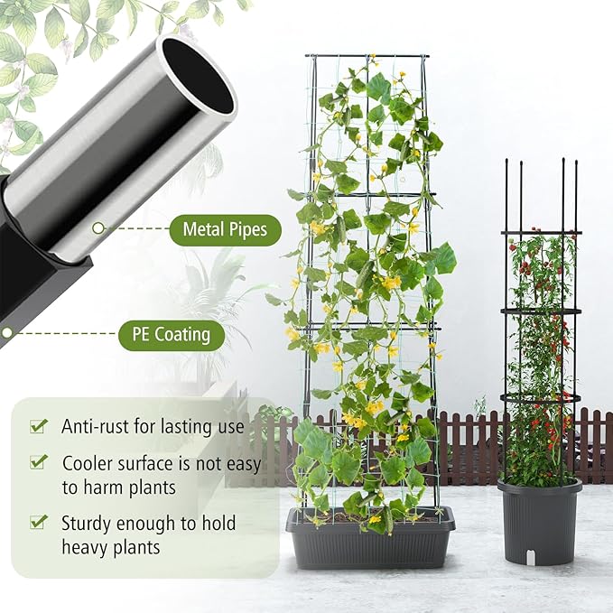Happygrill 2 Pack Tomato Cage, Metal Garden Trellis w/Adjustable Height & Self-Watering System for Vines Potted Plants Vegetables, Tall Plant Support Tomato Trellis w/Planter Box
