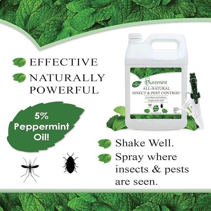 Puremint Insect & Pest Control, Powerful & Natural 5% Peppermint Oil Spray for Ants, Spiders, Bed Bugs, Dust Mites, Roaches and More - Indoor and Outdoor Use, 128 fl oz Gallon