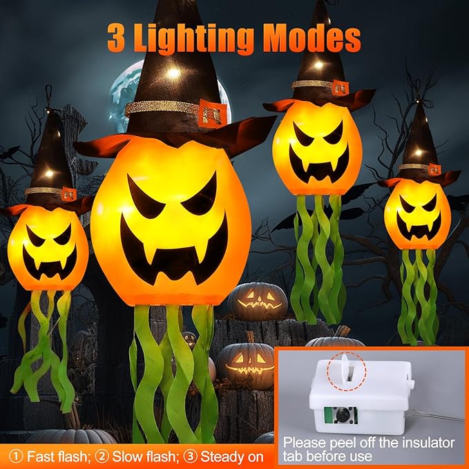 Halloween Decorations Outdoor Decor Hanging Lighted Glowing Pumpkin Witch Hat with 3 Modes Lighted Up Scary Orange Halloween Decorations for Indoor Outside Party Yard Tree Garden (4Pcs)