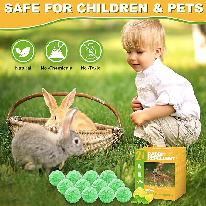 Deer Rabbit Repellent Outdoor 24 Pack - Natural Peppermint Oil Deer Repellent Balls, Bunny Deer Deterrent for Garden Lawn Yard, Powerful Rabbit Repellant Keep from Eating Plants Flowers, Pet Safe
