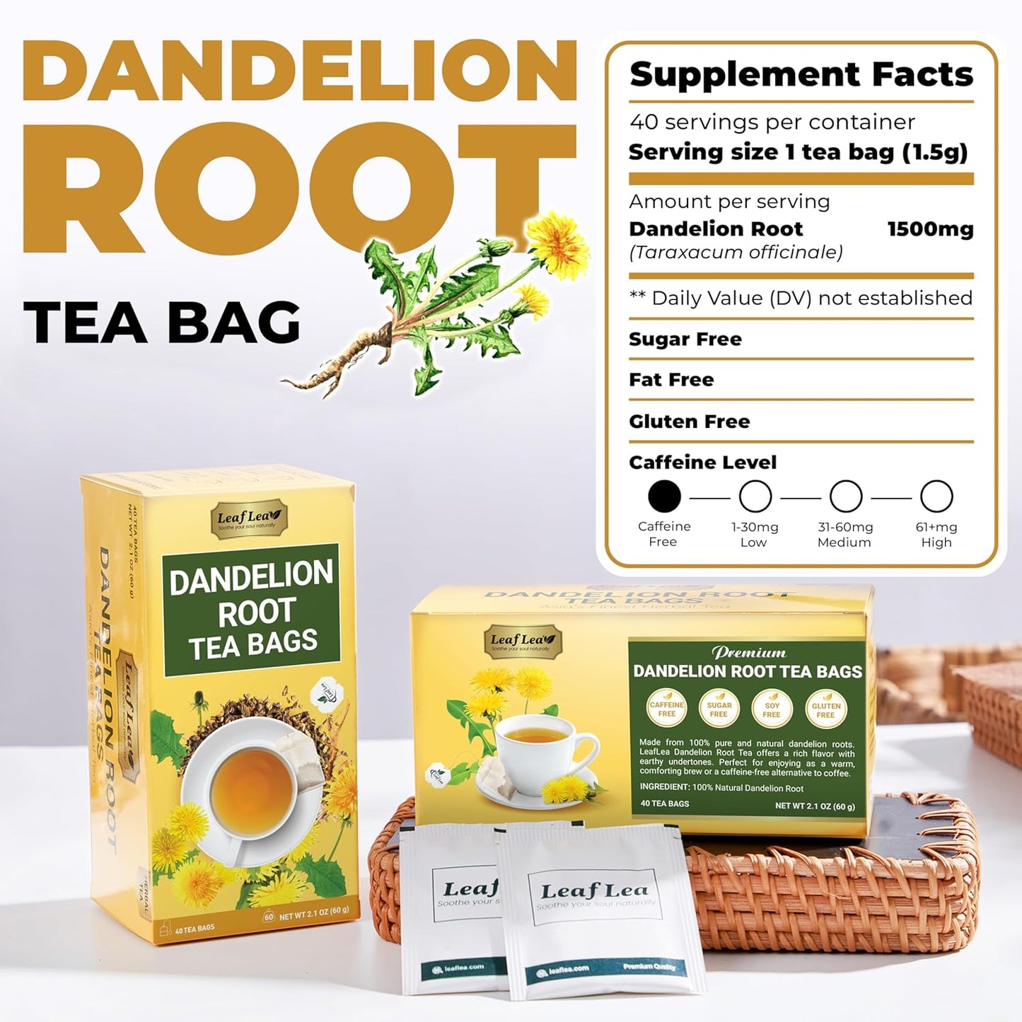 LeafLea 120 Dandelion Root Tea Bags, Dandelion Tea Promotes Healthy Digestion & Immune Function, 100% Natural and Pure from Dandelion Root Herbal Tea, Caffeine-Free, Sugar-Free, Vegan, Pack of 3