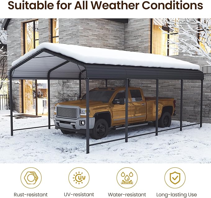 Metal Carport 12x20FT, Heavy Duty Carport Canopy with Galvanized Steel Roof, 40% Thicker Frame Metal Garage with Reinforced Base, All-Weather Outdoor Storage Car Port for Car, Camping
