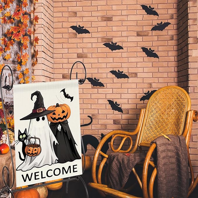 Welcome Halloween Garden Flag 12x18 Double Sided Outside Ghost Jack-o'-Lantern Bat Outdoor Decorative Burlap Yard Flag