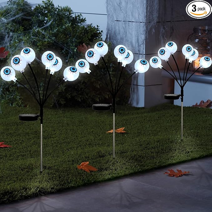 Solar Halloween Pathway Lights 3 Pack Eyeball Stake Lights Outdoor 2 Modes Cool White LEDs for Garden Yard Patio