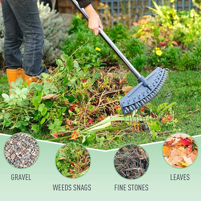 Thatch Rake Adjustable 17"-63", Efficient Metal Leaf Rakes, Wide with 24 Durable Steel Tines, Lightweight Garden Thatching Rakes Used for Mulch ,Leaves, Debris, Pine Needles, Shrub, Gravel