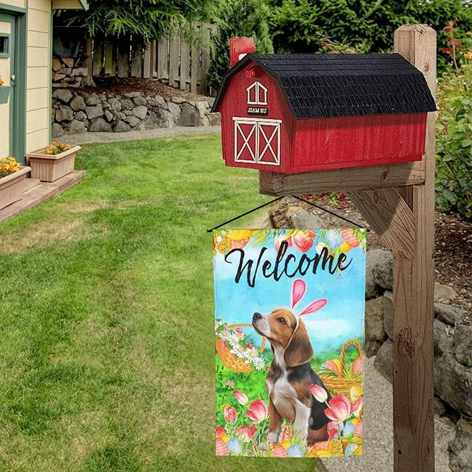 Tulips Cute Beagle Flower Dog Happy Easter Garden Flag Welcome Party Outdoor Outside Decorations Picks Home House Garden Yard Decor 12x18 Inch