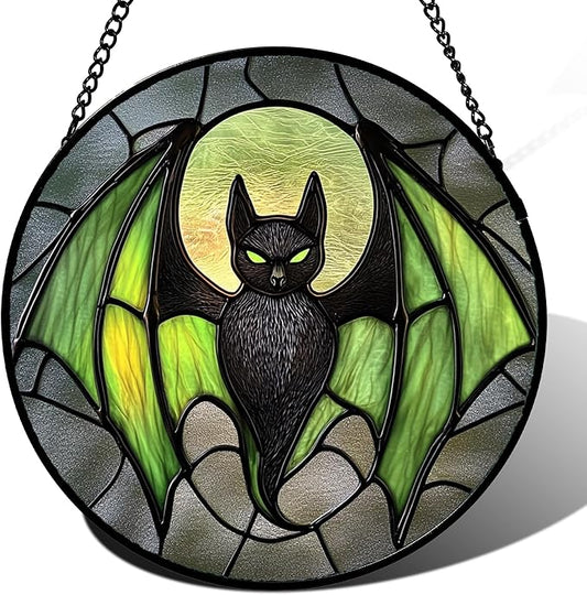 Stained Glass Window Hanging - Halloween Black Bat Green Wings Monster Suncatcher for Doors Garden Home Spooky Sun Catchers Gothic Decor Horror Gift for Women Men Friend Boy Girl 7.8 in