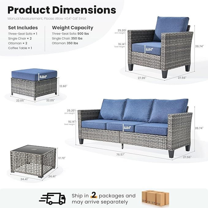 ovios 6 Pieces Patio Furniture Set Outdoor Sofa Couch with Solar Lights Table Comfy Cushions, Modern Deep Seat Wicker Rattan Conversation Set for Porch Deck, Denim Blue