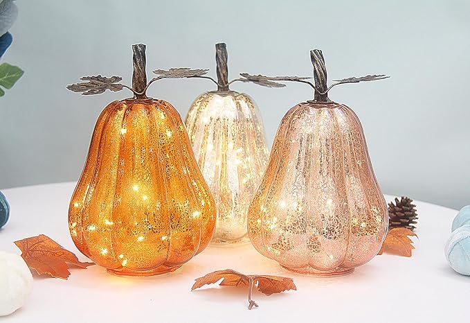 Mercury Glass Pumpkin Lights with Timer, Battery Operated Led Pumpkin Lights for Halloween Fall,Thanksgiving Rustic Decor (Rosegold Leafy, 9")
