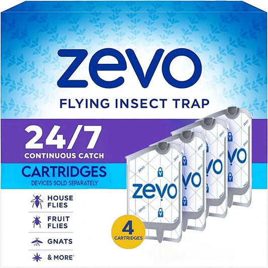 Zevo Flying Insect Trap Refills – 4 Count Sticky Cartridges – Indoor Fly, Gnat, and Fruit Fly Catcher – Compatible with Zevo Plug-in UV Light Trap – Mess-Free & Odorless Replacement