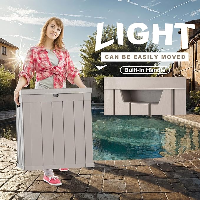 ROJIK Outdoor Storage Housing Deck Box - Waterproof Patio Furniture, Garden Tools, Cushions, Pool Accessories Storage Bench with Lockable Lid and Side Handles (Grey, 50 Gal)