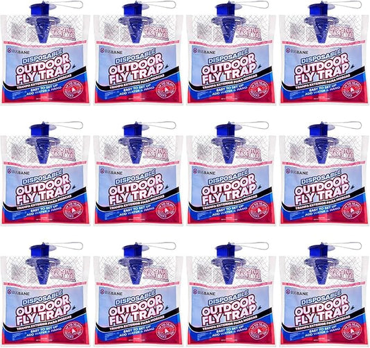 Fly Traps Outdoor Fly Trap for Patio. 12 Non-Toxic Pre-Baited Flies Bags Outdoor Disposable. Hanging Bug Catchers for All Filth Flies Killer for Outside Bug Control in Yard Horse Ranch Trash Can