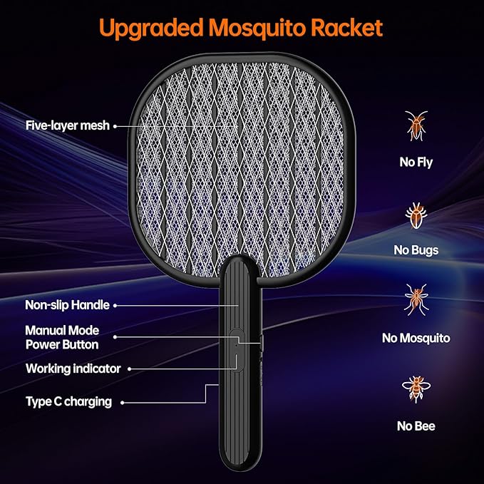 Electric Fly Swatter Bug Zapper Racket, 3500V Mosquito Killer with USB Rechargeable Flies Killer Pest Control Mosquito Zapper and Insect Catcher Racket for Indoor Home Backyard Patio Outdoor Camping