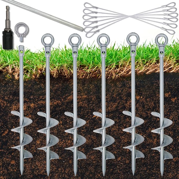 18 inch Ground Anchor Heavy Duty Earth Anchors Screw in Set for Mobile Home, Swing, Trampoline Tent Anchors Wind Resistant Tree Stakes and Supports with Drill Socket, 6 Pack