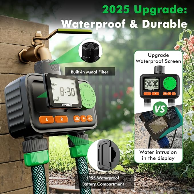 RESTMO 2 Zone Sprinkler Timer, Programmable Water Timer for Garden Hose, Automatic Control | Manual ON/Off | Rain Delay for Outdoor Faucet, Drip Irrigation and Lawn Watering System