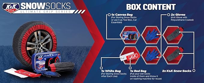 K&K Auto Accessories Snow Socks for Tires - Pro Series for Ultimate Grip Alternative for Tire Snow Chain - Snow Traction Device for Passenger Cars SUVs Trucks Winter Emergency Accessory (Medium)