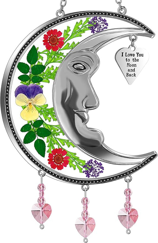 KY&BOSAM Sun Face Moon Suncatcher I Love You to The Moon and Back Stained Glass for Window Hangings Wind Chime Decor with Pressed Real Flower and Metal Charm Gift for Women Mother`s Day Christmas