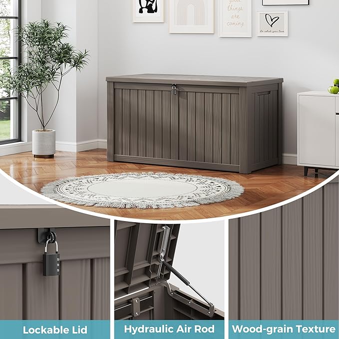 NUNU LAB 151 Gallon Outdoor Storage Box,Resin Large Sturdy Deck Box, Backyard Outside Storage Box Waterproof with Double Wall Panels,Package Delivery Garden Outdoor Hose Storage Bin,Grey