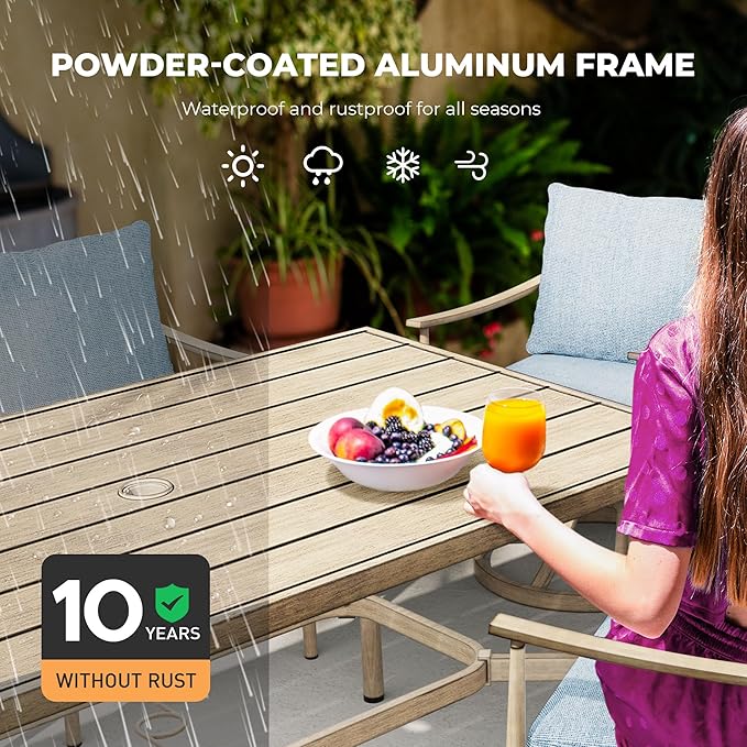 HAPPATIO 7-Piece Outdoor Dining Set for 6, Aluminum Patio Dining Set Includes 6 Swivel Dining Chairs and 1 Large Rectangular Table with Umbrella Hole, Patio Furniture Set for Lawn, Porch, Brown