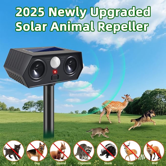 4Pack Solar Ultrasonic Animal Repellent Outdoor Solar Deer Deterrent Devices with PIR Motion Sensor, Ultrasonic Cat Repellent to Scare Squirre Dog Rabbit Raccoon Skunk Armadillos for Yard Lawn