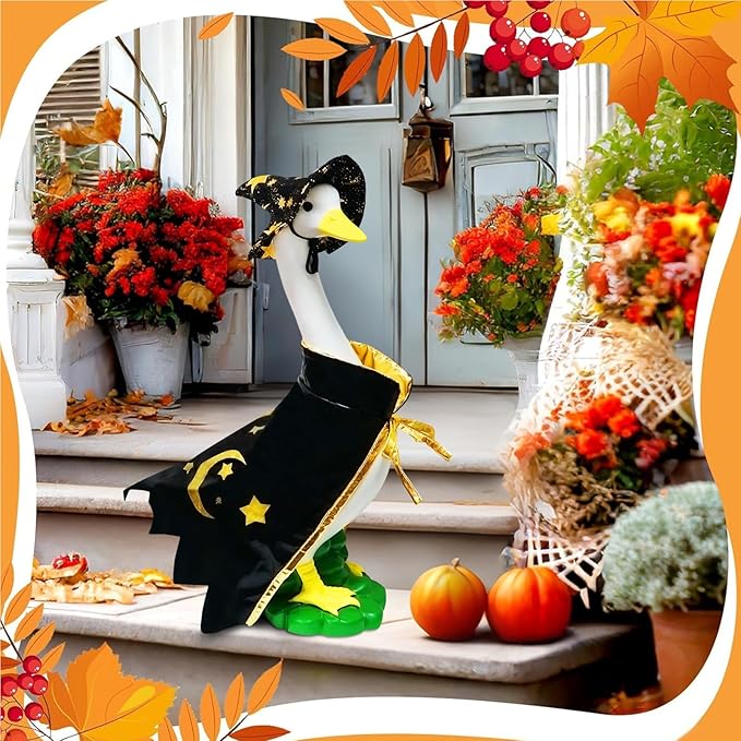 Large White Goose Statue Cygnus, Funny Halloween Big Bird Decor Garden Sculpture with Black Magic Cloak Costume Clothes and Hat Home Porch Patio Pond Yard Art Duck Figurine 19’’ Christmas Decorations