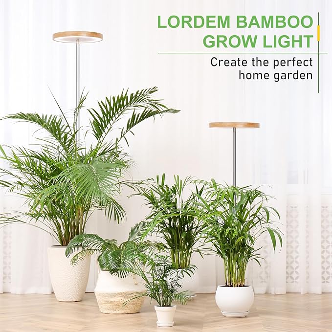 LORDEM Bamboo Grow Light, Full Spectrum LED Plant Grow Light, Height Adjustable Growing Lamp with Auto Timer 4H/8H/12H, 4 Dimmable Levels, Ideal for Large Tall Plants
