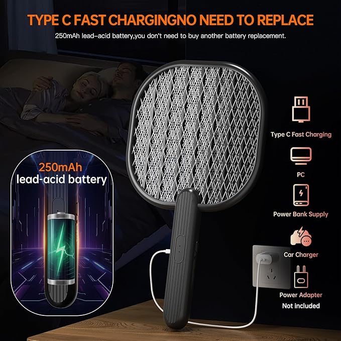 Electric Fly Swatter Bug Zapper: 3500V Mosquito Killer Racket with USB Rechargeable Insect Trap Pest Control Handheld Lightweight 5-Layer Safety Mesh for Indoor Home Office Backyard Patio Camping