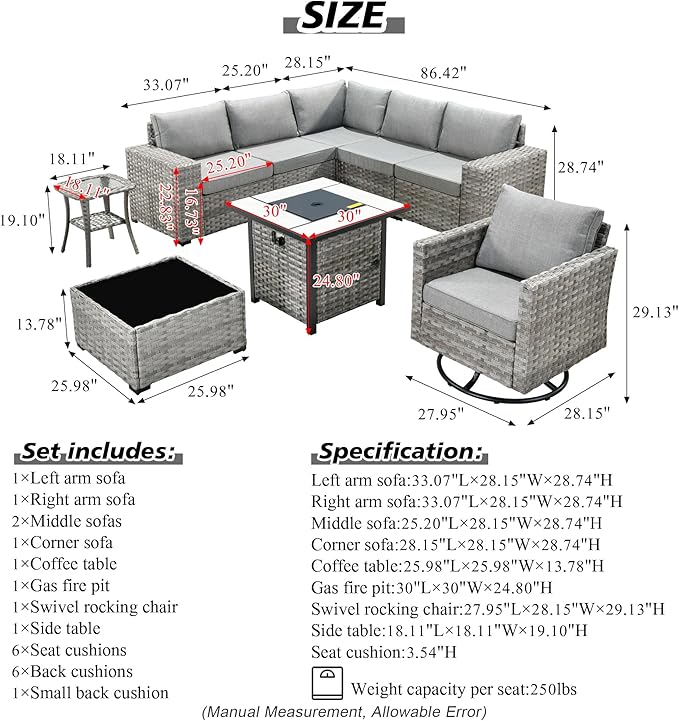 HOOOWOOO 9 Piece Modular Patio Outdoor Sectional Furniture Set with Gas Propane Fire Pit Table,Wicker Conversation Sofa Set with Swivel Chairs,Outside Couch Set(Dark Grey)