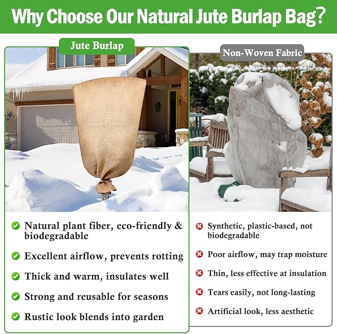 Legigo 3 Pack 24 X 40 Inch Burlap Plant Covers Freeze Protection Bags, Winter Plant Frost Covers with Drawstring, Reusable Tree Covers Burlap Frost Cloths Protection for Outdoor Plants Shrubs Fruit