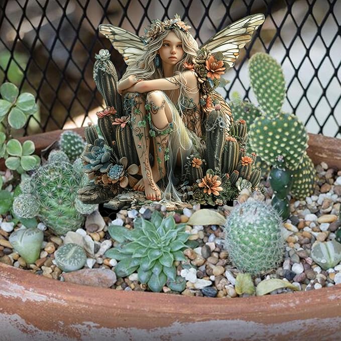 Fairy Garden Stake Decor, 2D Flat Acrylic Fairy Garden Decor Panel, Elf Yard Sign for Outdoor Indoor Yard Lawn Plants Pots, Fairy Garden Accessories (Cactus Fairy)