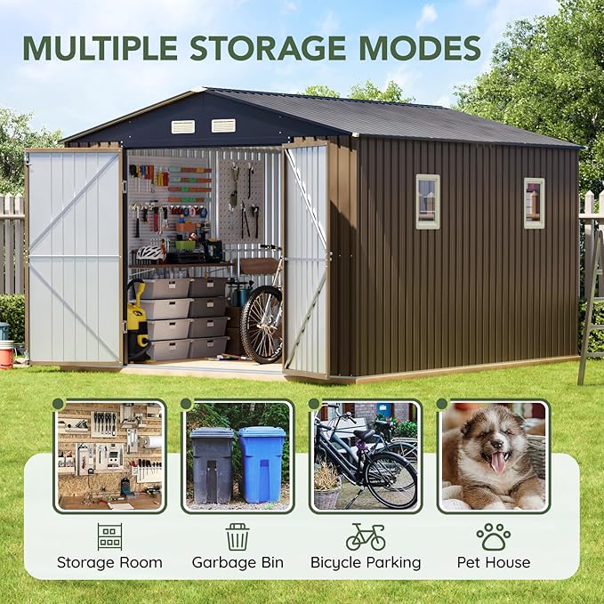 10x10 FT Outdoor Metal Storage Shed, Double Swing Doors, 2 Clear Windows,Tool Shed for Garden, Patio, Backyard Brown