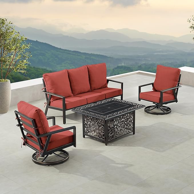 Oakland Living Black Aluminum Patio Fire Table Set with Deep Seating Sofa with Cushion and Two Club Chairs with Red Cushions