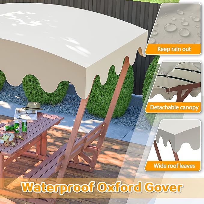 Outdoor Waterproof Solid Wood Picnic Table with Removable Canopy & Benches, Rectangle Tabletop, All-Weather for Patios, Gardens, Decks, Parks, Beaches