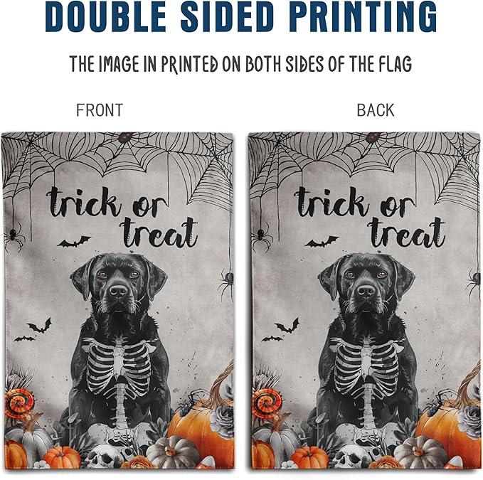 Halloween Black Lab Garden Flag Trick or Treat Yard Flag Ghost Labrador Dog Garden Flags for Outside 12x18 Double Sided Mini Skeleton Halloween Decor Outdoor Lawn Welcome Flag
