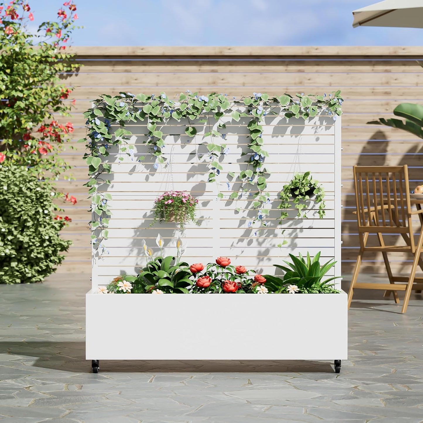 Casaphoria Metal Raised Garden Bed with Trellis and Wheels, 47"x47"x16" Planter Box for Climbing Plants, Vegetables & Vines, Features Drainage Holes and Privacy Screen (White-Louvered)