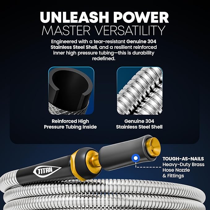 TITAN Garden Hose 9FT - 304 Stainless Steel Metal Water Hose, Flexible, Kink-Free, Lightweight, Durable, Crush Resistant Fittings, Easy to Coil, 500 PSI