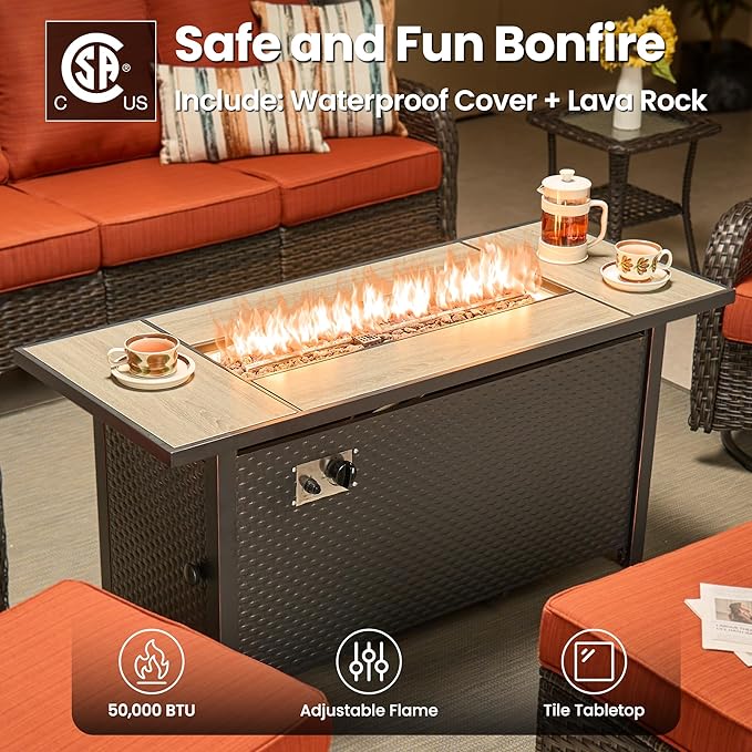 ovios 10 Pieces Patio Furniture Set, Outdoor Wicker Sofa Couch with Swivel Chairs 54" Fire Pit Table, All Weather High Back Modern Conversation Sets, Brown Rattan, Orange Red