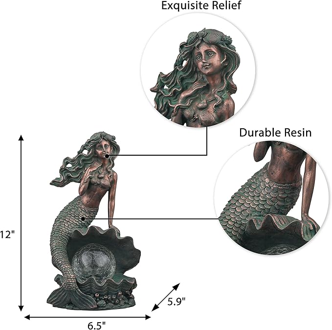TERESA'S COLLECTIONS Mermaid Garden Statues with Solar Outdoor Lights for Outdoor Decor, Bronze Patina Fairy Sculptures & Statues Christmas Decorations, Garden Decor Gifts for Mom Yard Decor, 13"