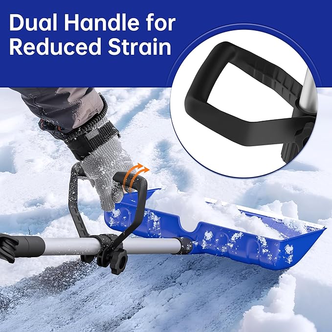 Snow Shovel for Driveway: 48" Ergonomic Dual D-Handles for Less Back Strain - Aluminum Wear Strip Cleaning Shovel - Lightweight & Portable Snow Removal Tool for Car Camping Outdoor (Blue)