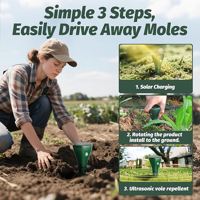 Mole Repeller for Lawns，Solar Powered Vole Repellent Ultrasonic Pest Control Stake, Waterproof Sonic Pulse Deterrent for Gopher Vole Snake in Lawn, Garden & Yard