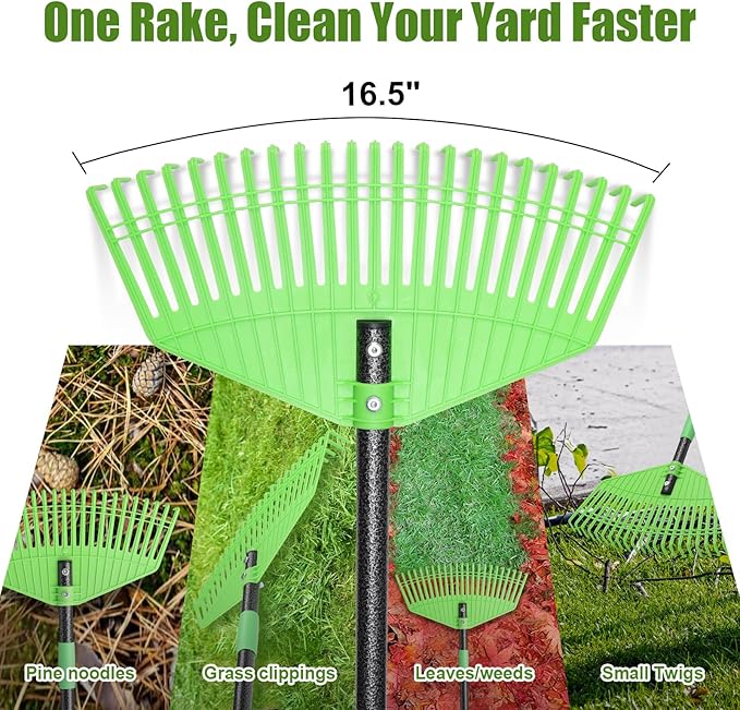 Plastic Rake for Leaves - Lightweight Outdoor Garden Rakes for Leaves,Grass,Pine Needle,Gentle Sweep Leaf On Lawn Yard, 75" Adjustable Long Handle for Gardening Camping