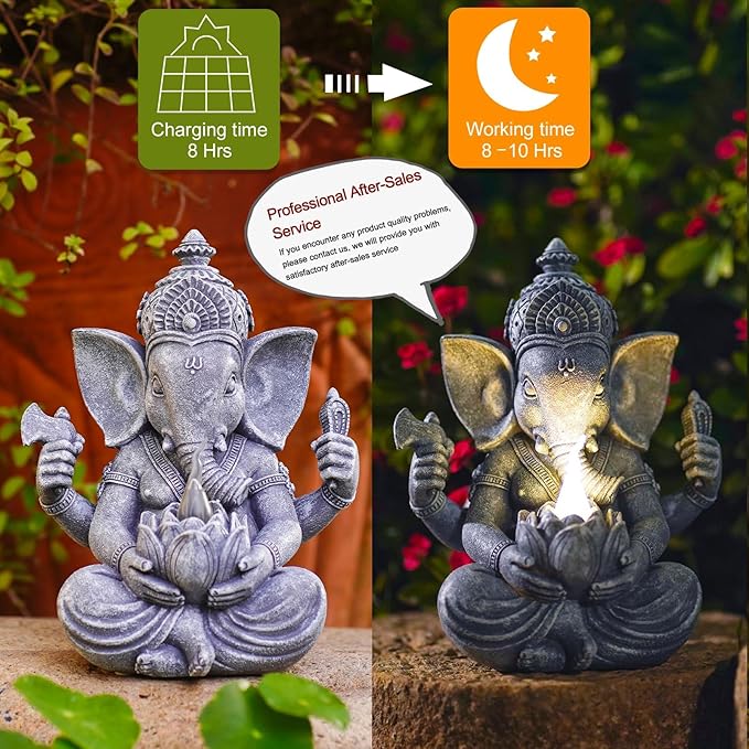 Ganesha Elephant Garden Statues: Outdoor Sculptures with Lotus Lights Decor for Patio Lawn Yard Art - Gifts for Mom Grandma