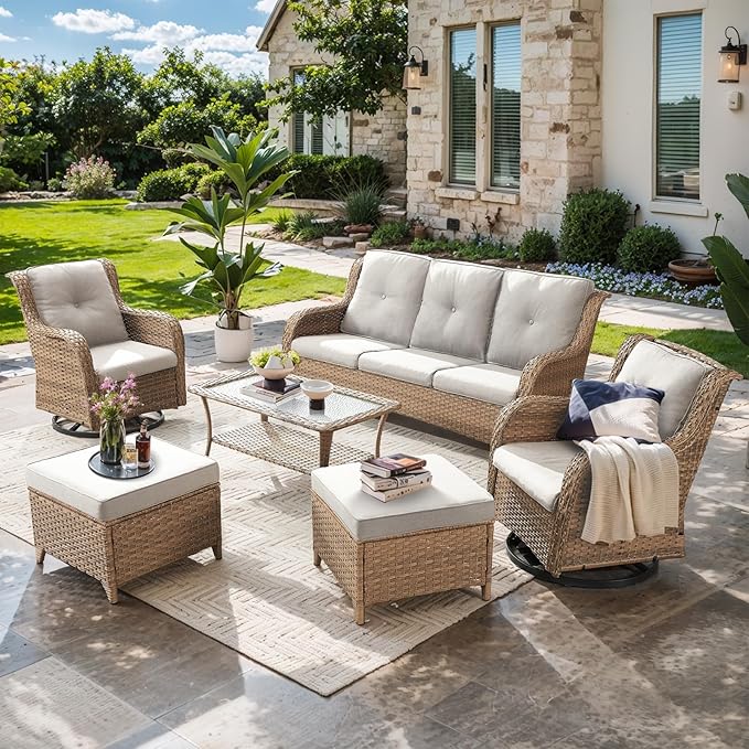 Wicker Outdoor Conversation Set-6 Pieces Outdoor Wicker High Back Couch with Swivel Rocker Chairs Patio Furniture for Deck Poolside Backyard-Yellow/Beige
