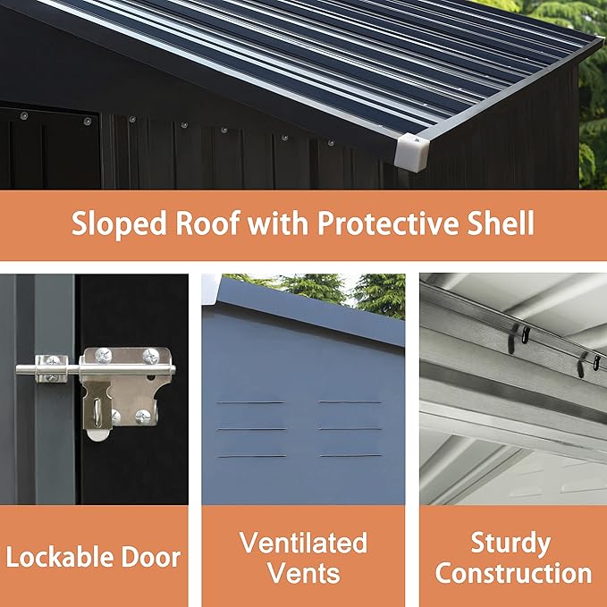 MUPATER 4 x 6 FT Outdoor Storage Shed, Galvanized Metal Garden Tool Shed, Patio Furniture Storage House with Slooping Roof, Lockable Door and Vents for Backyard and Garden, Grey